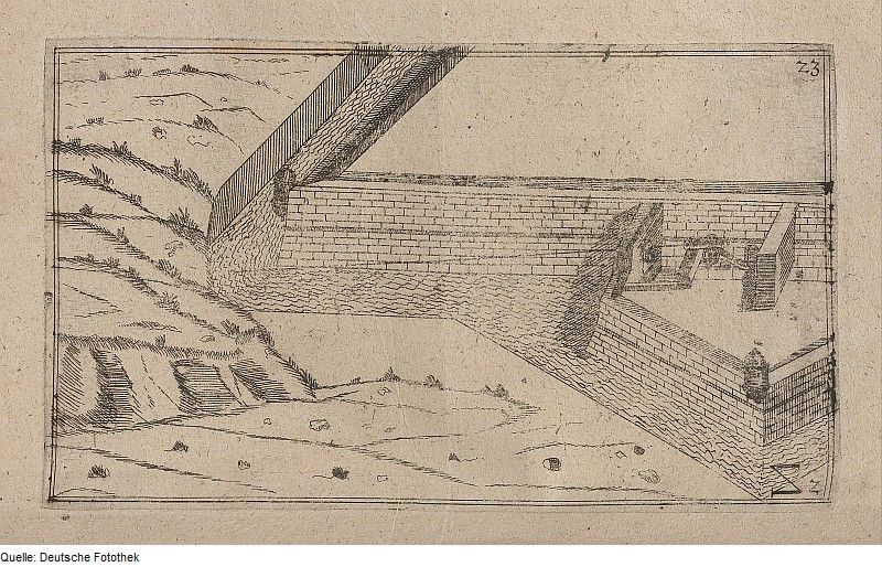 Black and white sketch of a ruined wall with debris and a landscape visible through the gap.