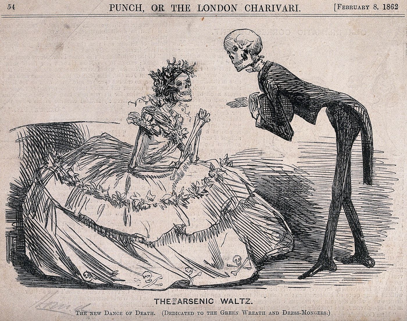 A black and white illustration from 'Punch, or the London Charivari' dated February 8, 1862, titled 'The Arsenic Waltz'. It depicts Death waltzing with a skeletal woman lying in a bed of flowers.