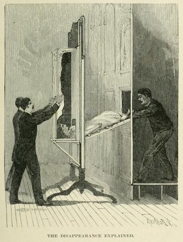 Vintage illustration of a magic trick, titled "The Disappearance Explained." A man gestures towards an open cabinet revealing a woman lying on a platform, suggesting an illusion.