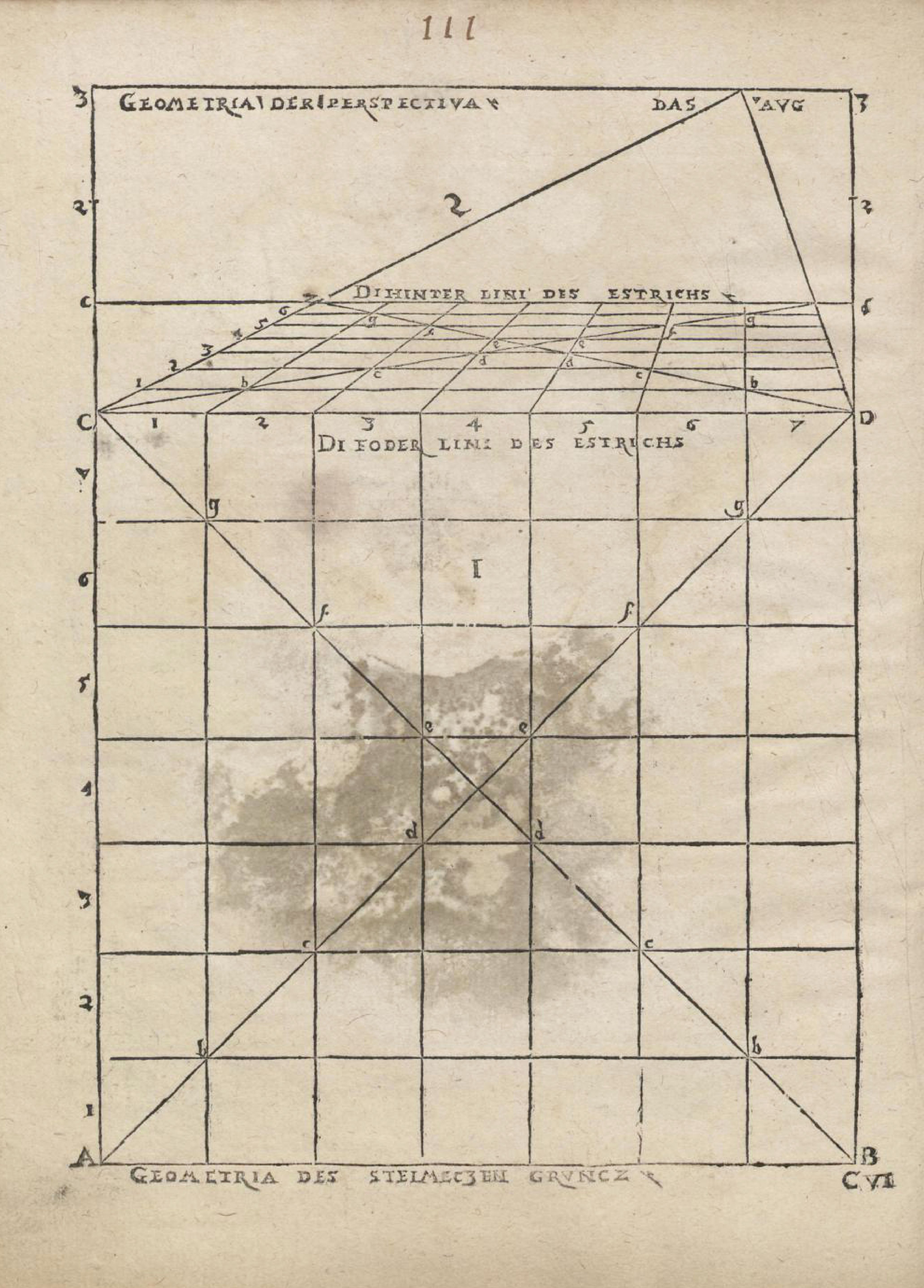 Vintage illustration of a geometric diagram with a grid, converging lines, and labels, likely from a mathematical or architectural treatise.
