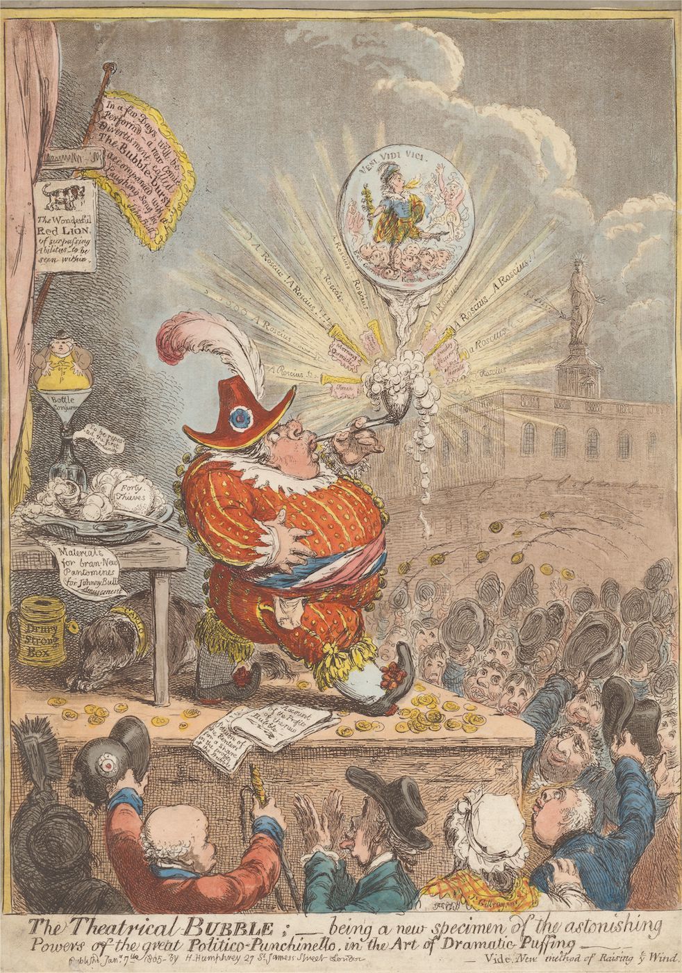 A political cartoon from 1790 titled 'The Theatrical Bubble; being a new specimen of the astonishing Powers of the great Pollico-Punchinello, in the Art of Dramatic Puffing & Wind.' It depicts a flamboyant, portly man, likely a caricature of a theatrical manager, standing on a table surrounded by onlookers.