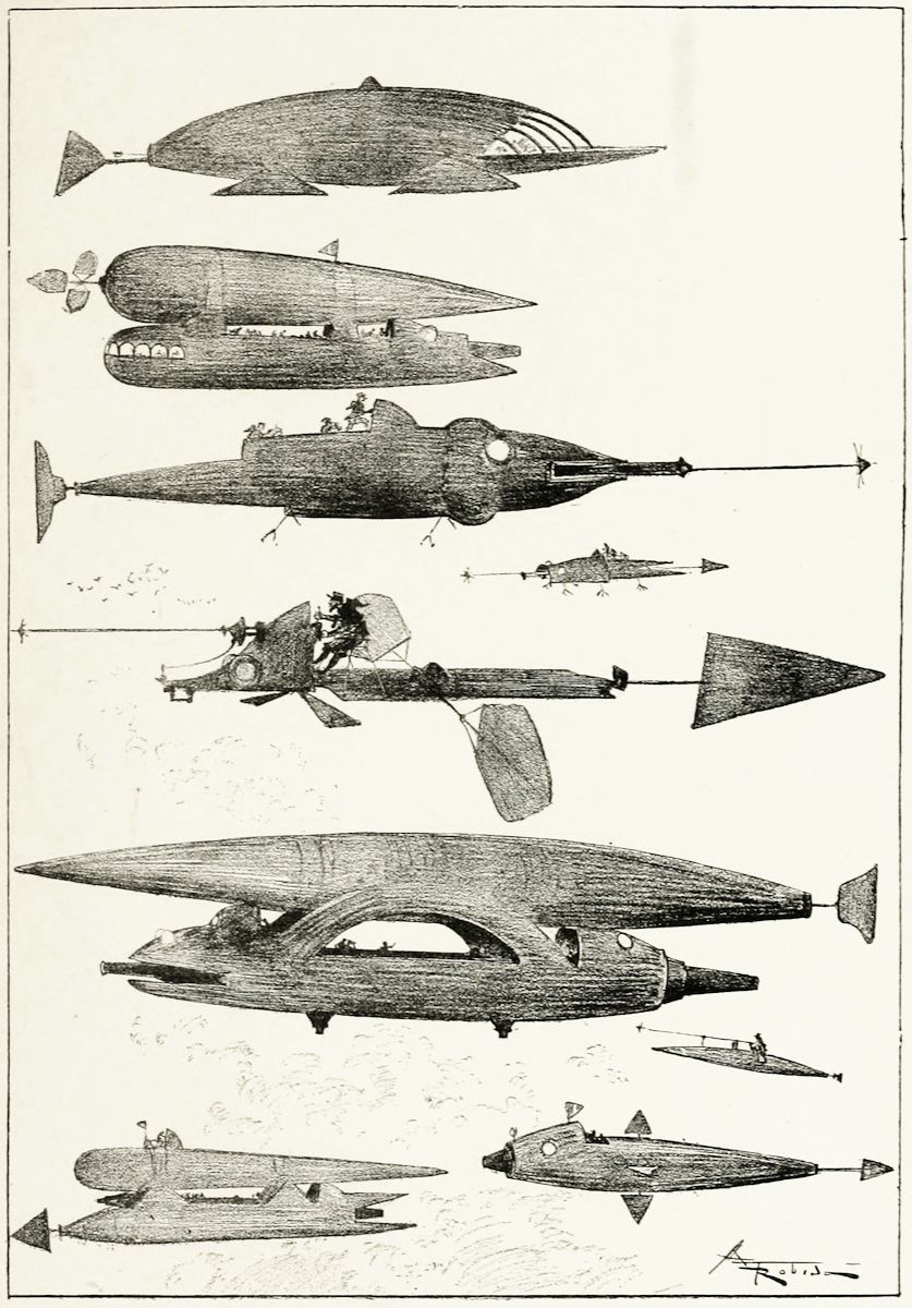 Vintage illustration of various airship and aircraft designs, rendered in a detailed, cross-hatched style.