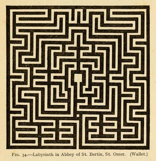 A black and white illustration of a labyrinth, with a complex winding path within a square frame. The caption below reads: 'FIG. 54.—Labyrinth in Abbey of St. Bertin, St. Omer. (Wallet.)'