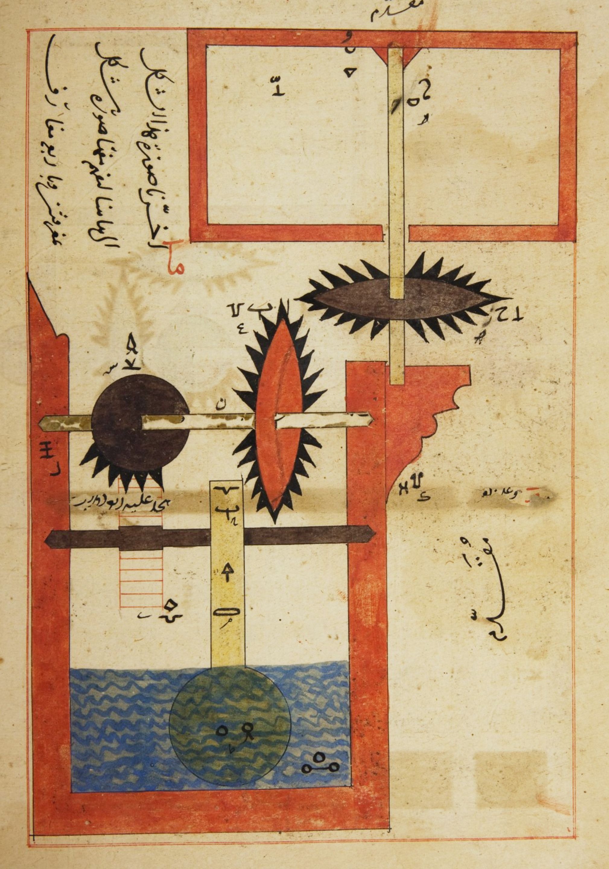 A detailed illustration from an ancient manuscript depicting a complex mechanical device, possibly a water-lifting system or irrigation device.