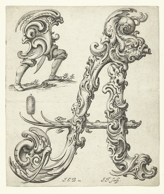 A detailed black and white engraving of an ornate letter 'H' with a small figure incorporated into the design.
