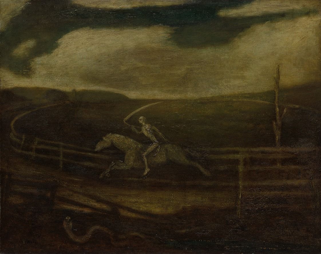 A dark painting of a skeletal figure on horseback wielding a scythe, moving across a field with a dilapidated fence and ominous clouds in the sky.