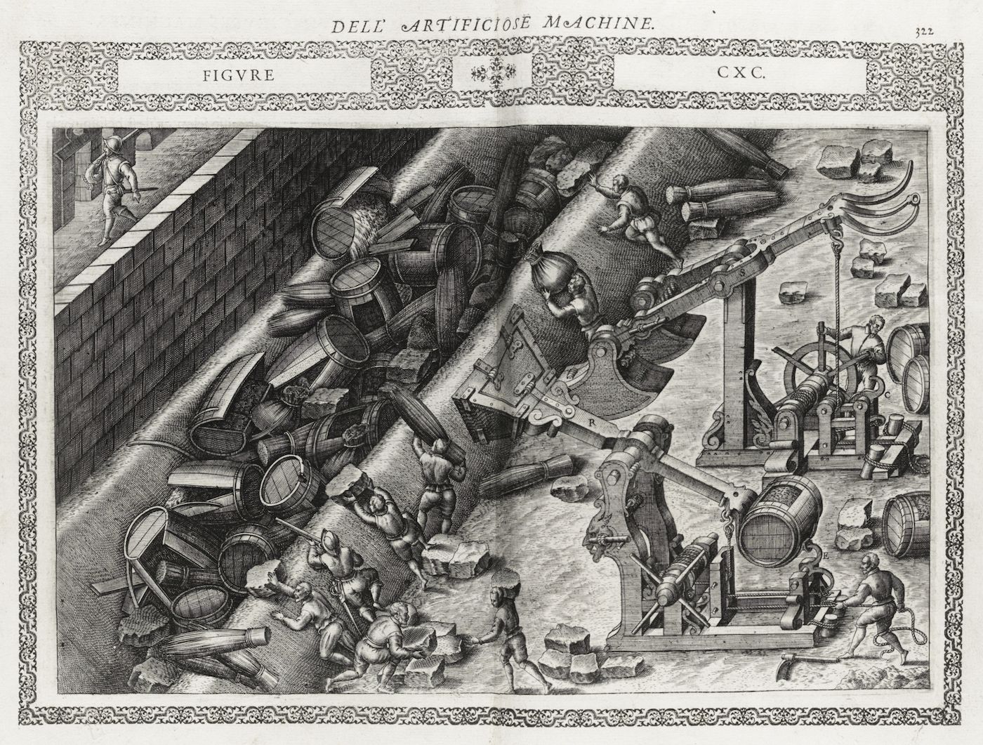 A detailed black and white engraving depicting a complex and fantastical machine powered by human and animal labor.