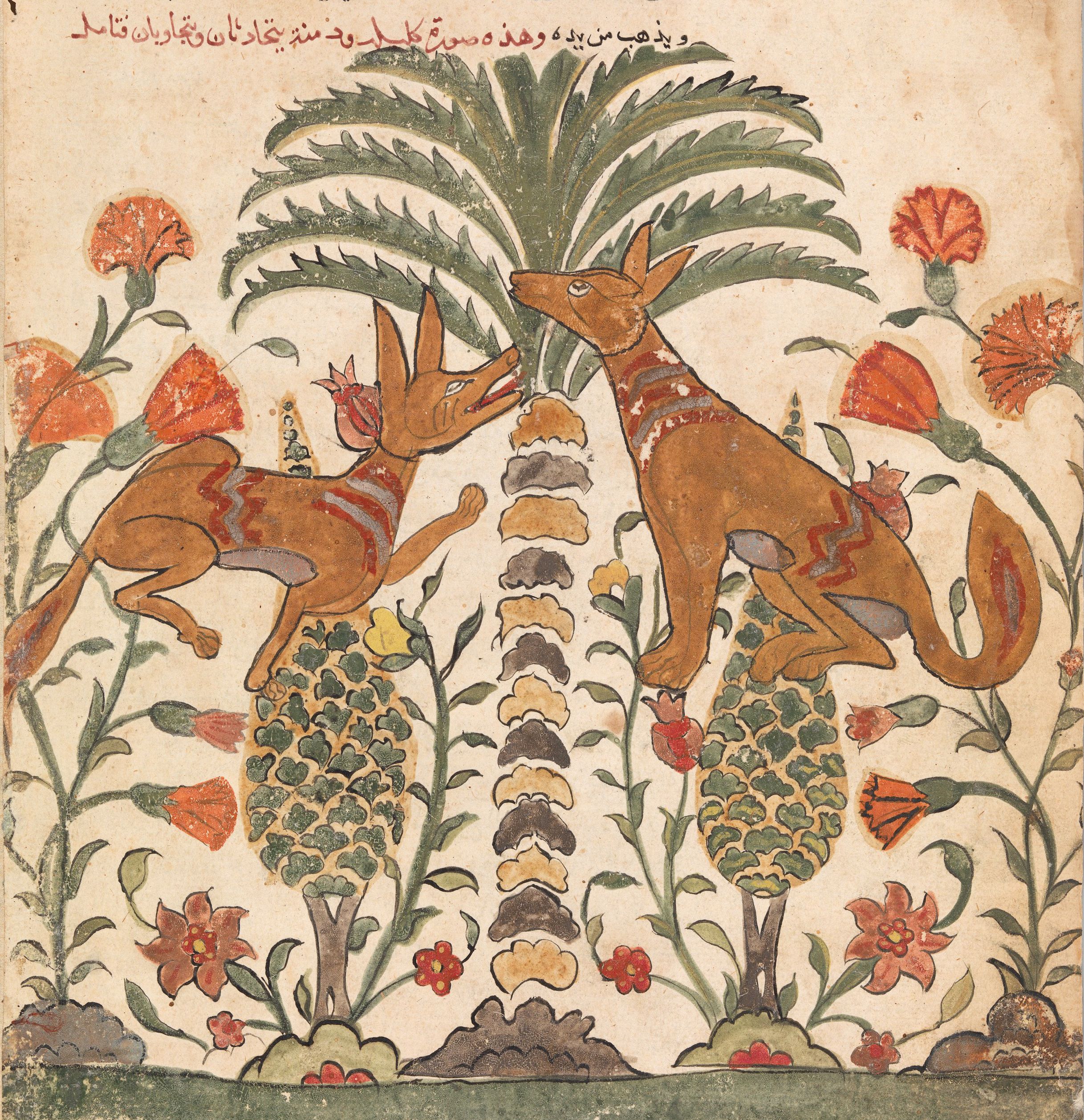 A vibrant, detailed illustration reminiscent of a medieval manuscript. The scene depicts two reddish-brown foxes facing each other amidst a lush, stylized garden.