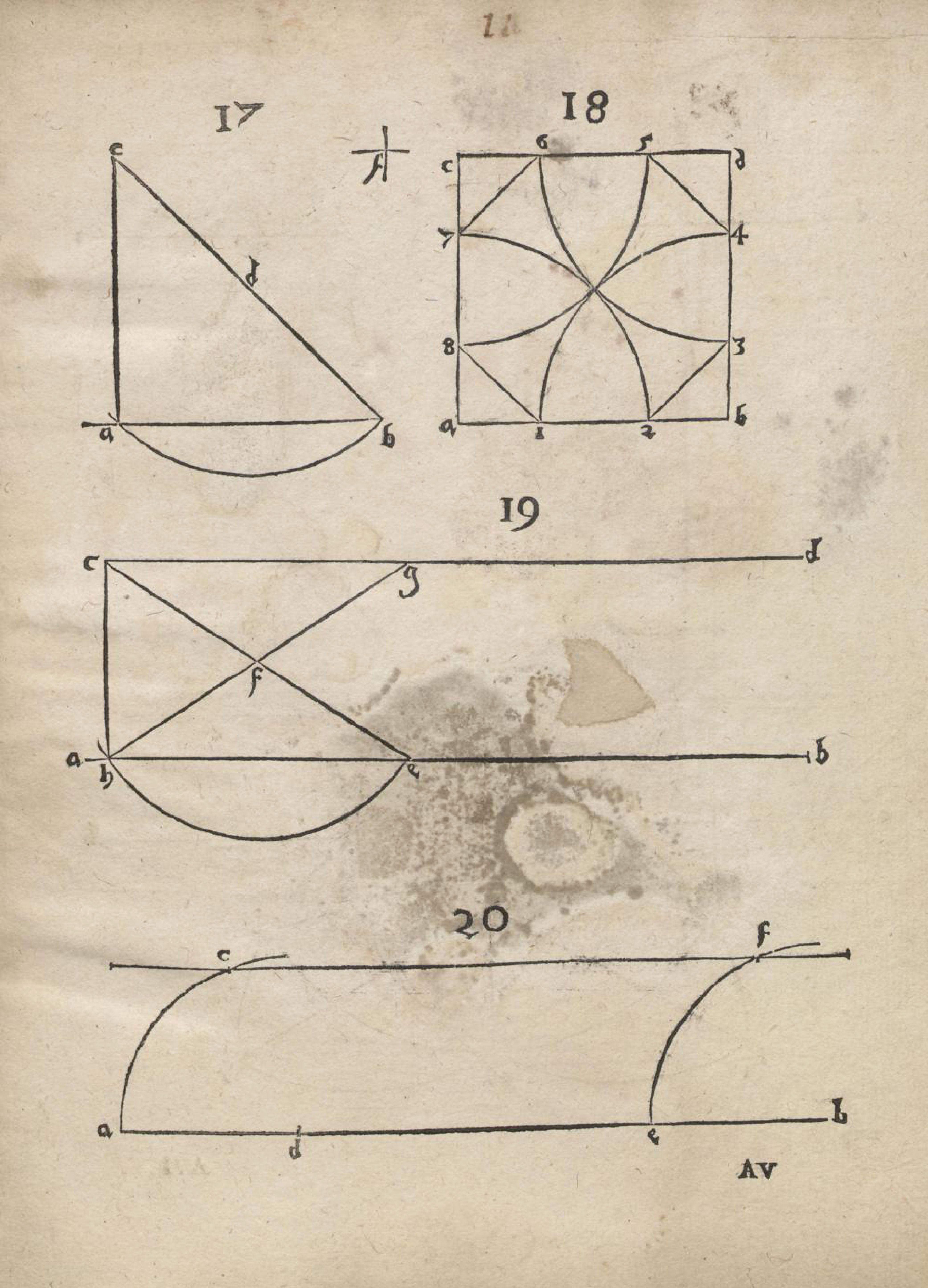 A page from a mathematical or geometric text, featuring four diagrams labeled 17, 18, 19, and 20.