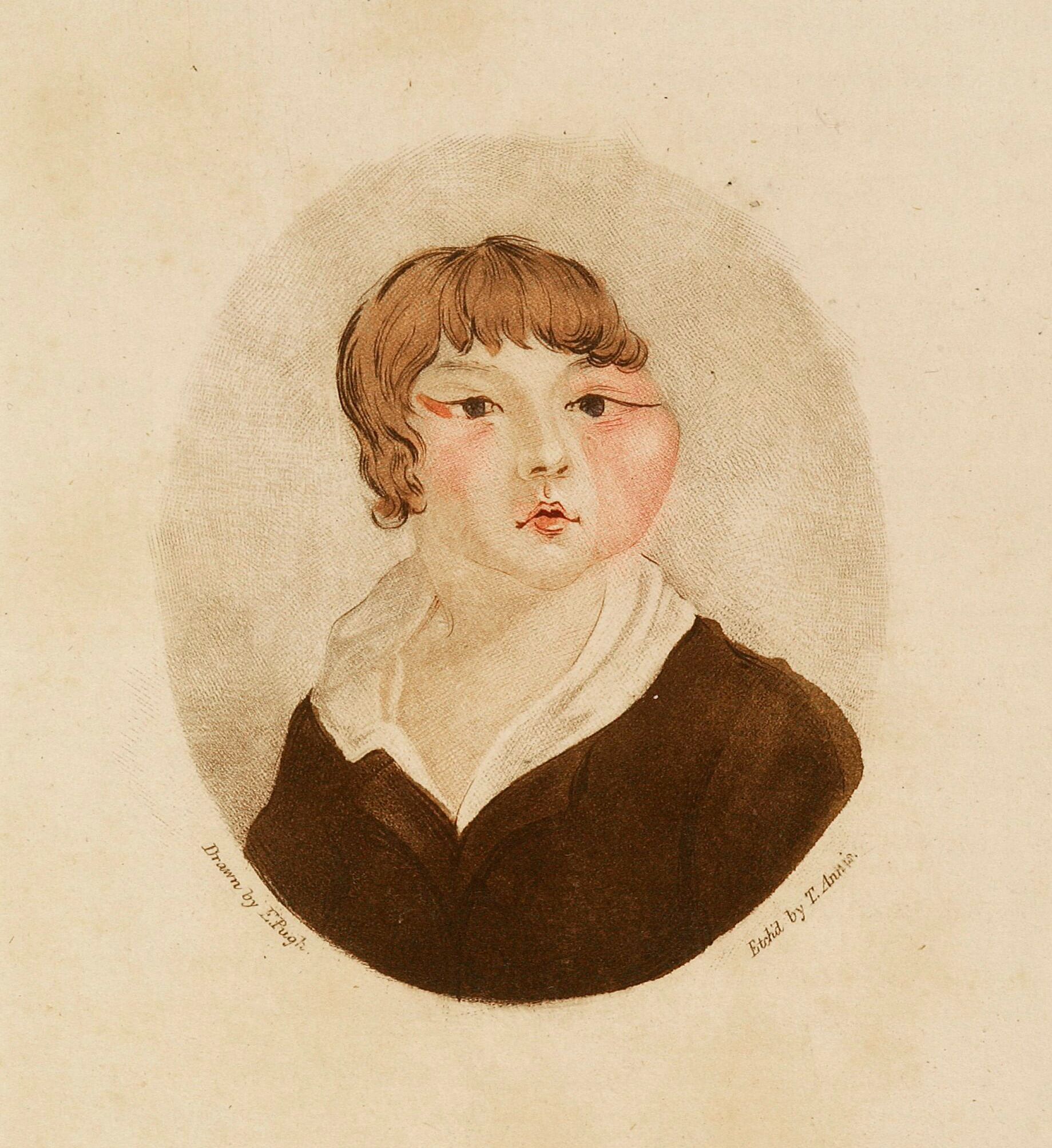 Vintage portrait of a young child in an oval frame, drawn by E. Buck and etched by T. Annie.