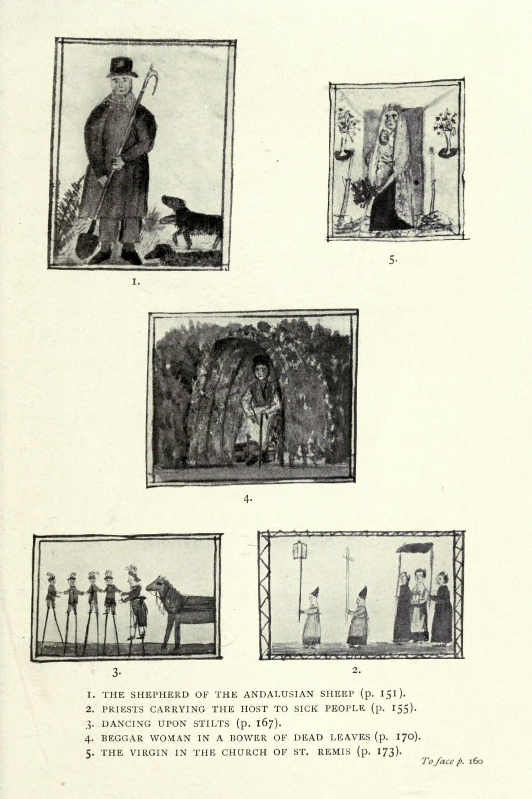 A page from a book featuring six framed illustrations of various scenes, including a shepherd, priests, dancers, a beggar woman, and the Virgin in a church.