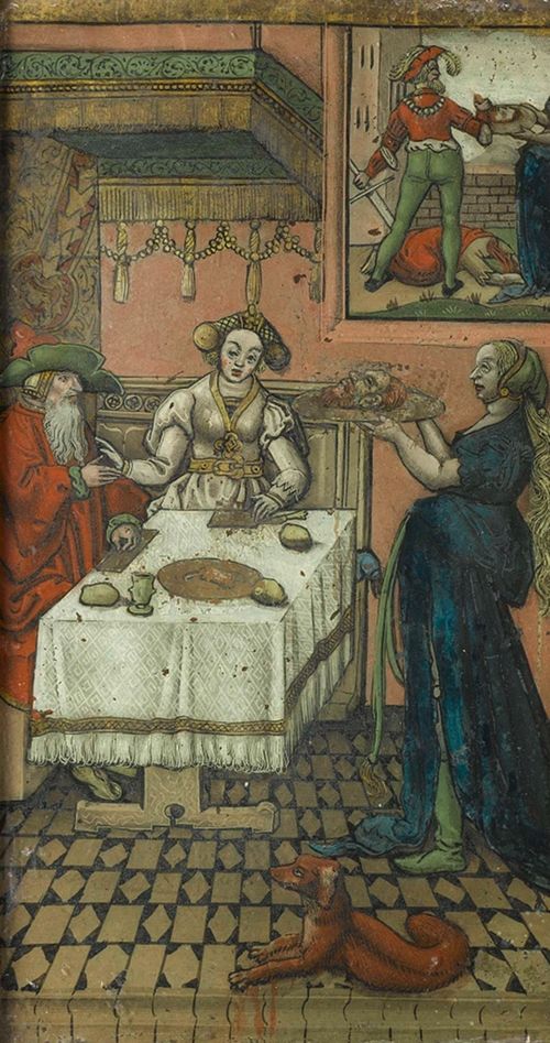 A medieval or Renaissance-era painting depicting a scene within a room, with people seated at a table and a dog lying on the floor.