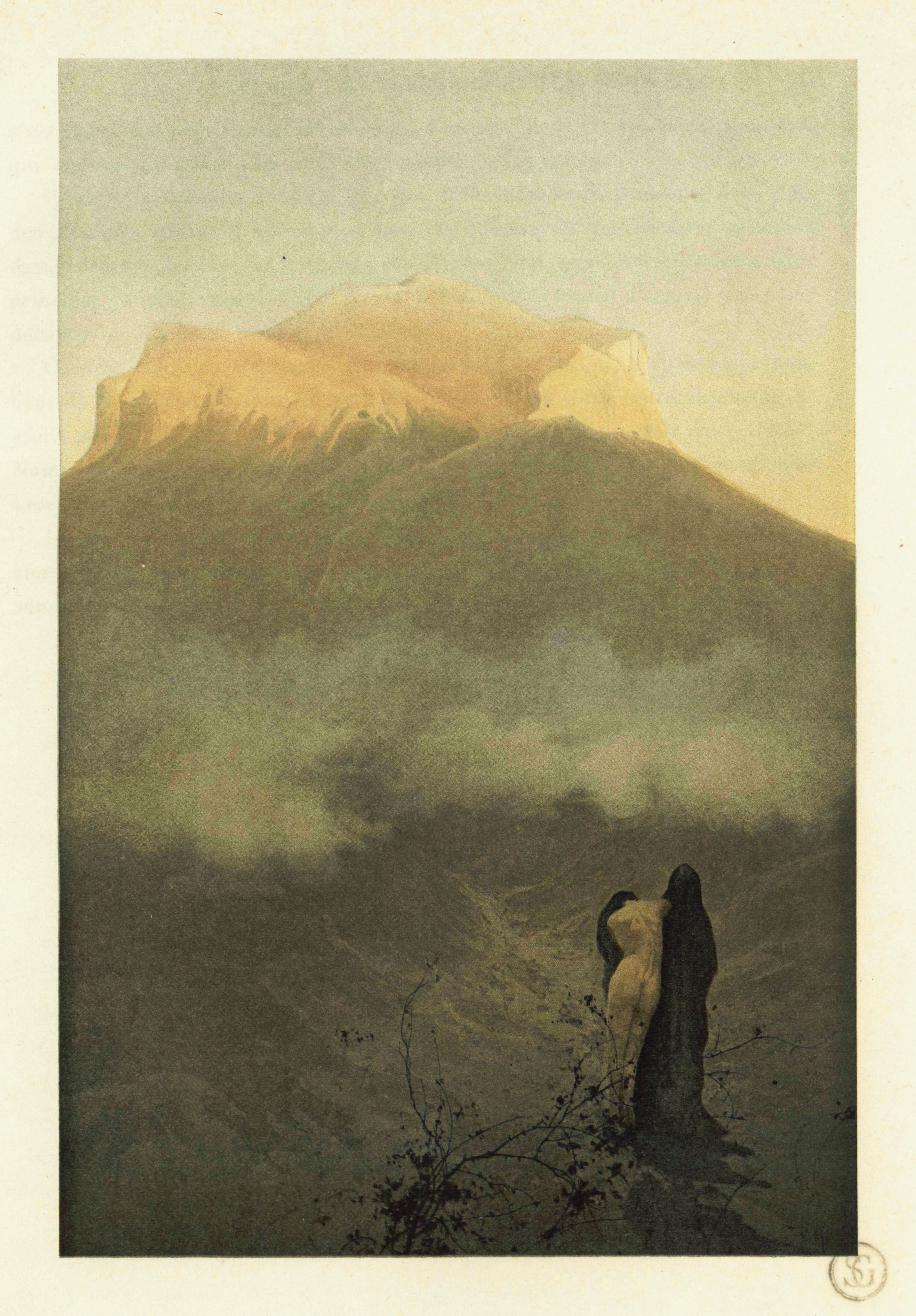 A vintage-style illustration of two figures standing before a towering mountain, bathed in a hazy, golden light.
