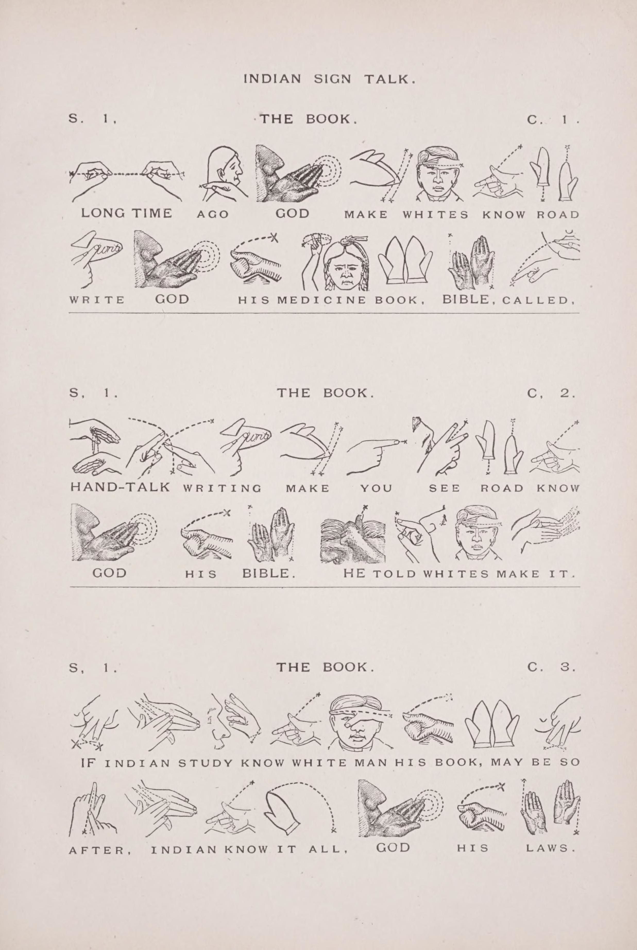 A page from a booklet titled "INDIAN SIGN TALK" illustrating hand gestures and their corresponding text translations related to the Bible and religious teachings.