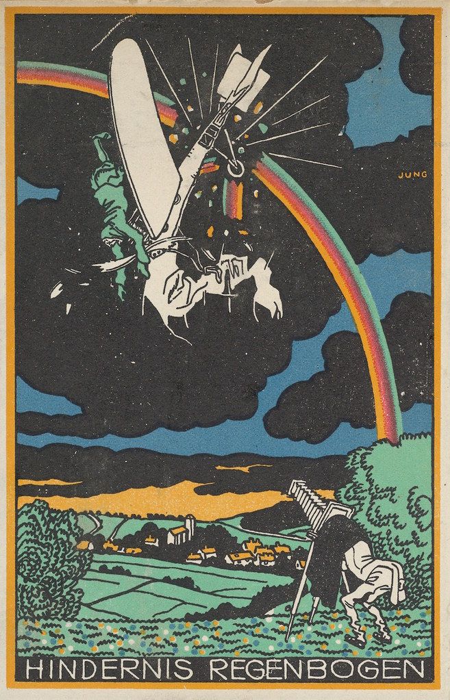Vintage illustration of an airship descending towards a landscape with a rainbow. The text “HINDERNIS REGENBOGEN” is at the bottom.