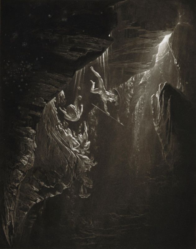 A dramatic engraving depicting figures struggling in a dark cavern, with a single figure reaching towards a bright light source.