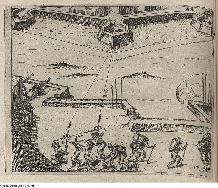 Black and white engraving of a siege scene with a fortification, cannons, and men attempting to scale the walls.