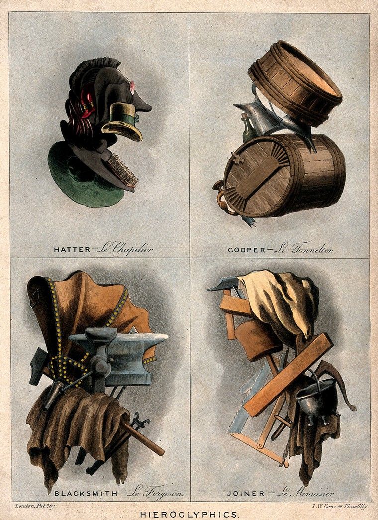 A vintage lithograph titled 'Hieroglyphics' depicting tools and symbols associated with four trades: hatter, cooper, blacksmith, and joiner.
