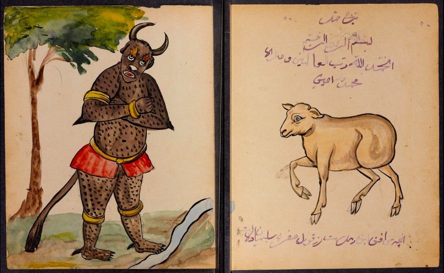A double-page spread from a manuscript featuring a monstrous figure on the left and a goat on the right, both illustrated in a folk art style.