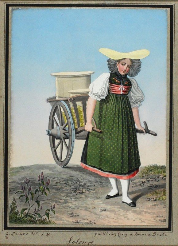 A vintage illustration of a woman in traditional Swiss attire pulling a small cart.