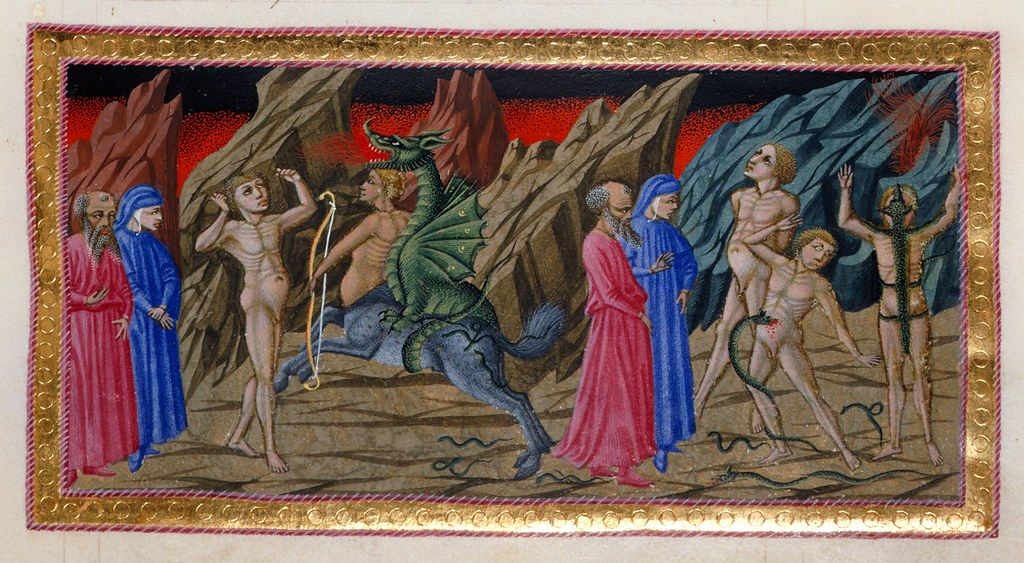 Medieval illustration of a dragon tormenting nude figures in a hellish landscape, with observers in robes on either side.
