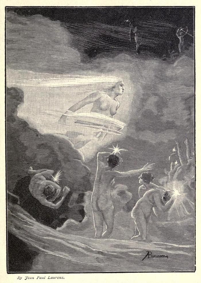 Black and white illustration of nude figures gathered near water, with radiant lights emanating from their hands and a central figure elevated on a platform.