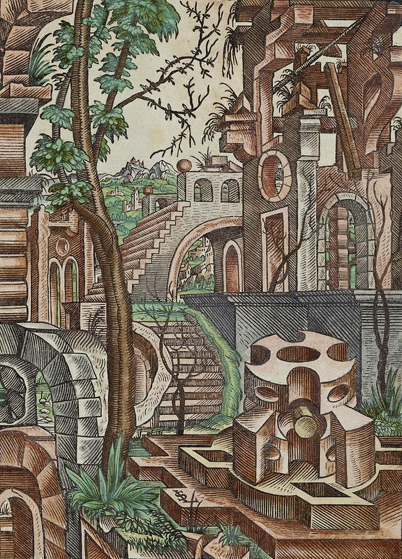 A detailed woodcut-style illustration of a fantastical architectural landscape with impossible staircases, arches, and lush vegetation.