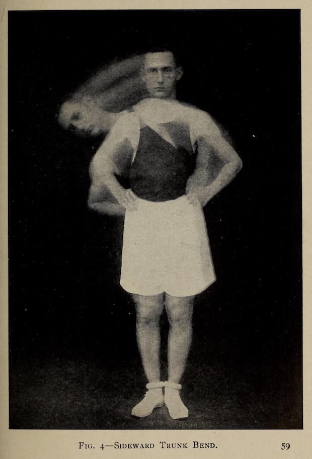 Vintage black and white photograph of a man demonstrating a side bend exercise.
