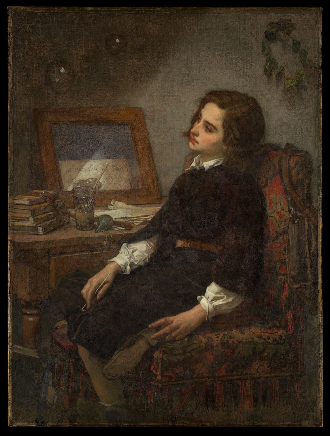 A painting of a young person seated in a chair, lost in thought, with a table and easel nearby.
