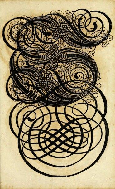 A detailed black and white ornamental design on aged paper, featuring intricate Celtic knotwork and flowing lines.