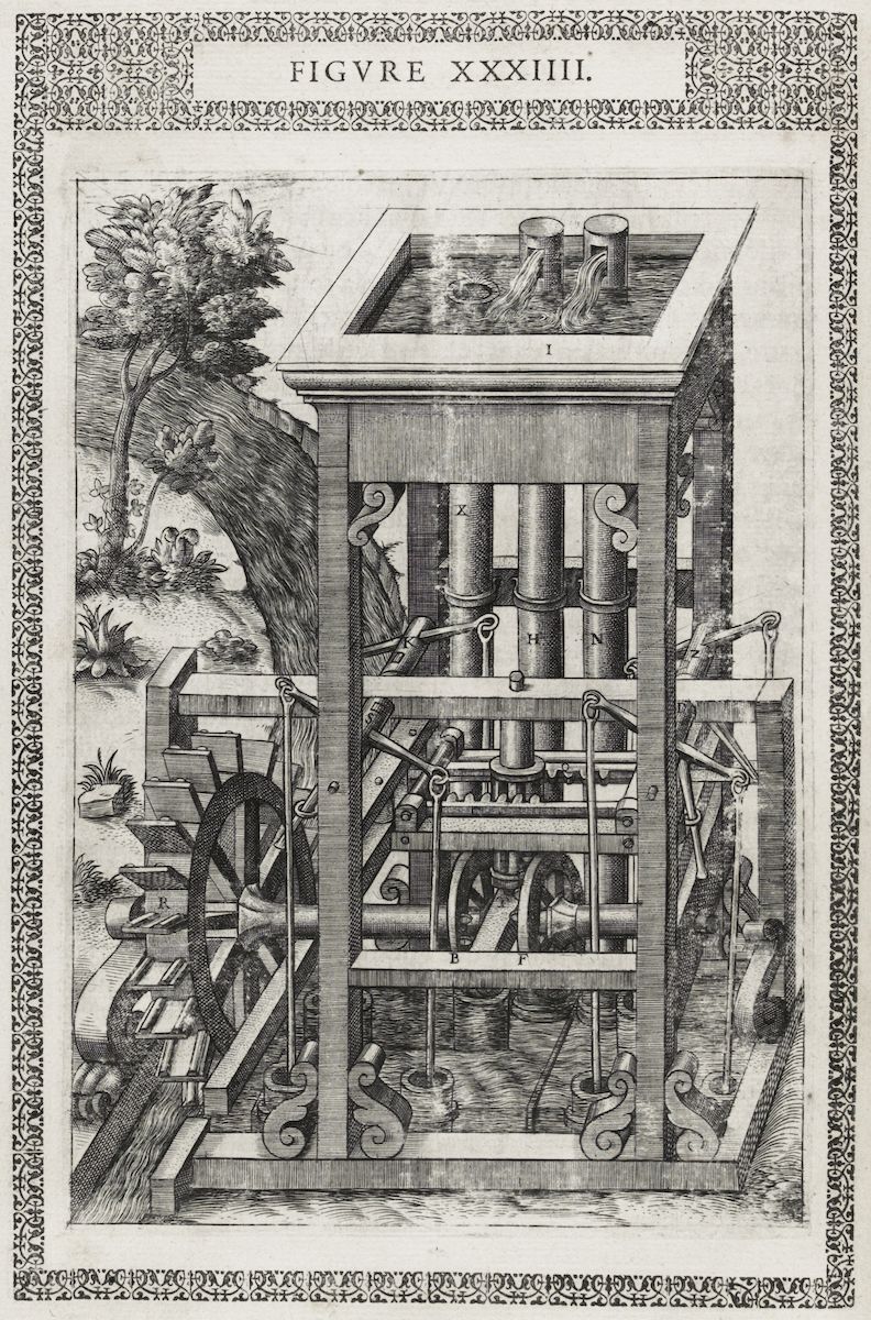 A detailed black and white engraving of a complex mechanical device, likely a water pump or lifting mechanism.