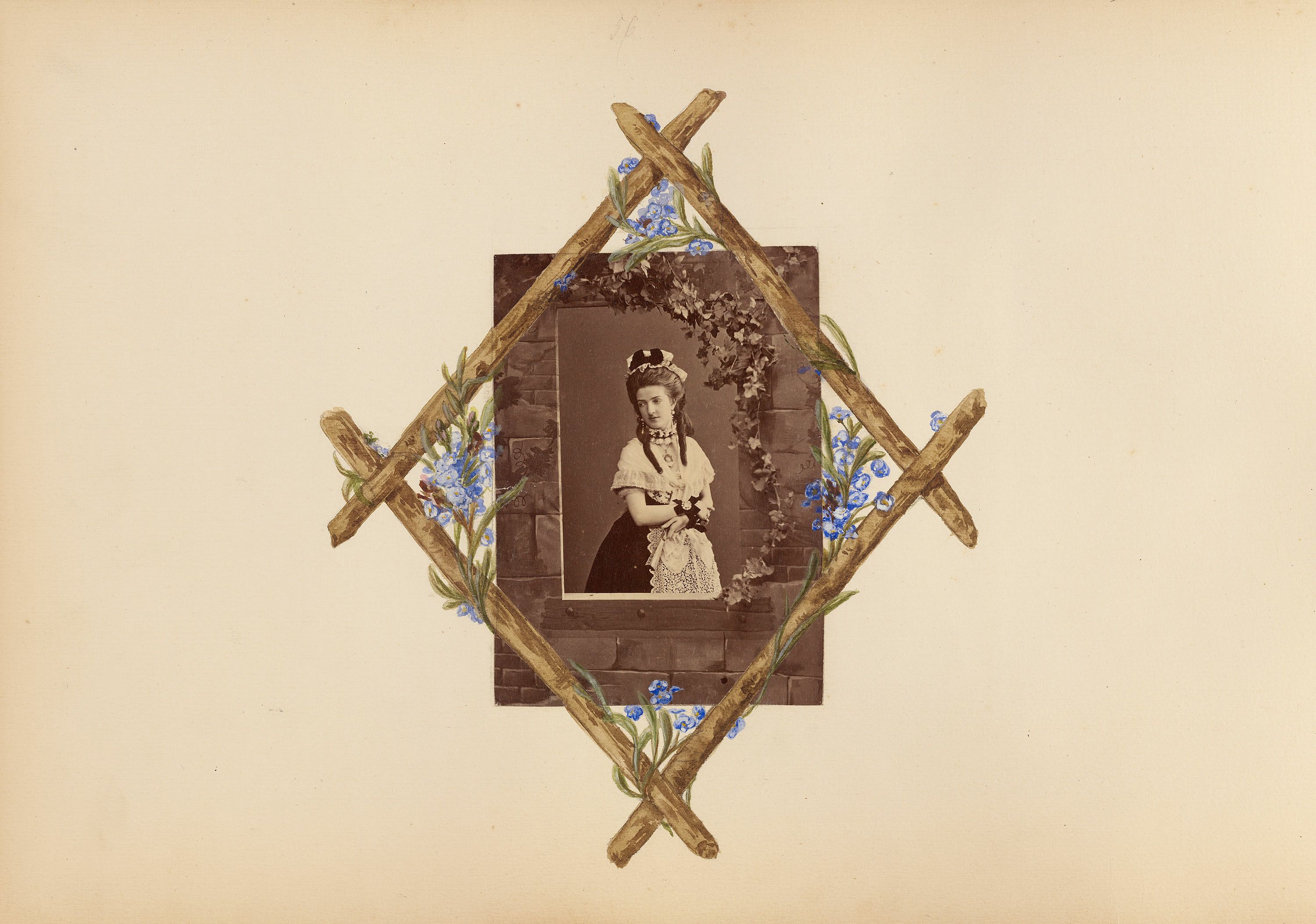 A vintage-style composition featuring a sepia-toned photograph of a young woman in a dark dress and headpiece, framed by a decorative lattice and blue flowers on a creamy yellow background.