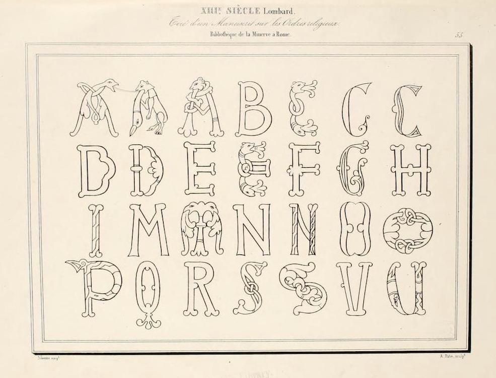A vintage illustration of an ornate alphabet with floral and vine-like embellishments.