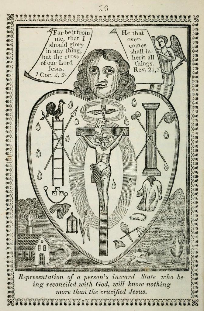 A black and white illustration of a heart-shaped shield containing a crucified figure surrounded by symbolic objects, with text above and below.