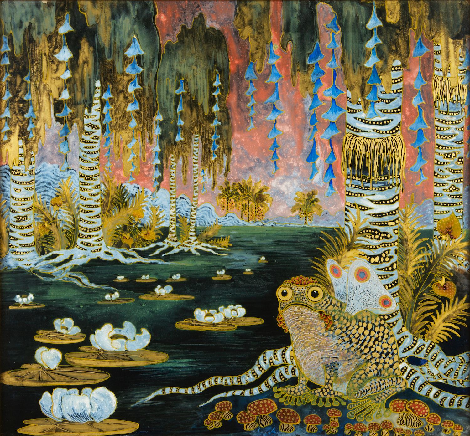 A vibrant, fantastical painting depicting a swamp scene with a patterned reptile emerging from the water, surrounded by lily pads and a forest of decorated trees.