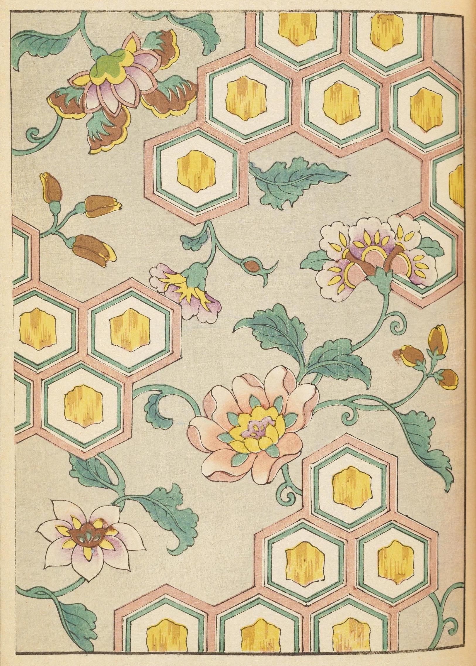 A vintage floral and geometric pattern with hexagonal shapes and stylized flowers in shades of pink, yellow, and brown.