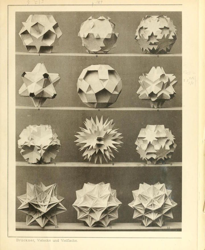 A vintage black and white plate featuring a series of twelve geometric shapes, likely created through origami or paper folding.