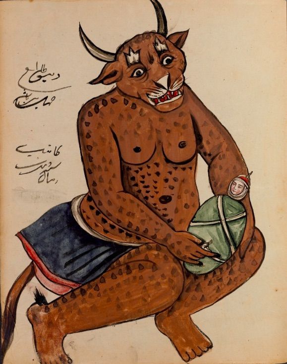A vintage illustration of a reddish-brown, speckled creature with horns and sharp teeth, wearing a white undergarment and a dark blue skirt, seated with a rolled-up object in its hands.