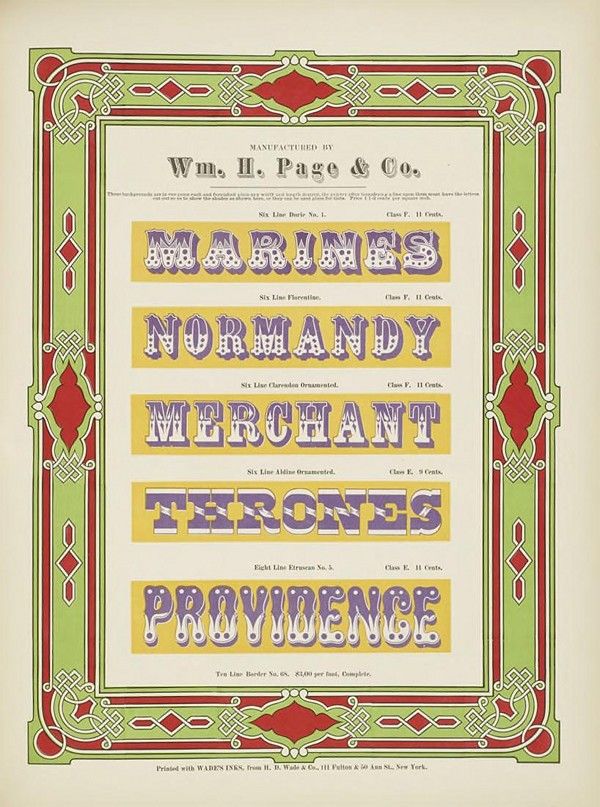A vintage advertising page with ornate lettering and a colorful border.