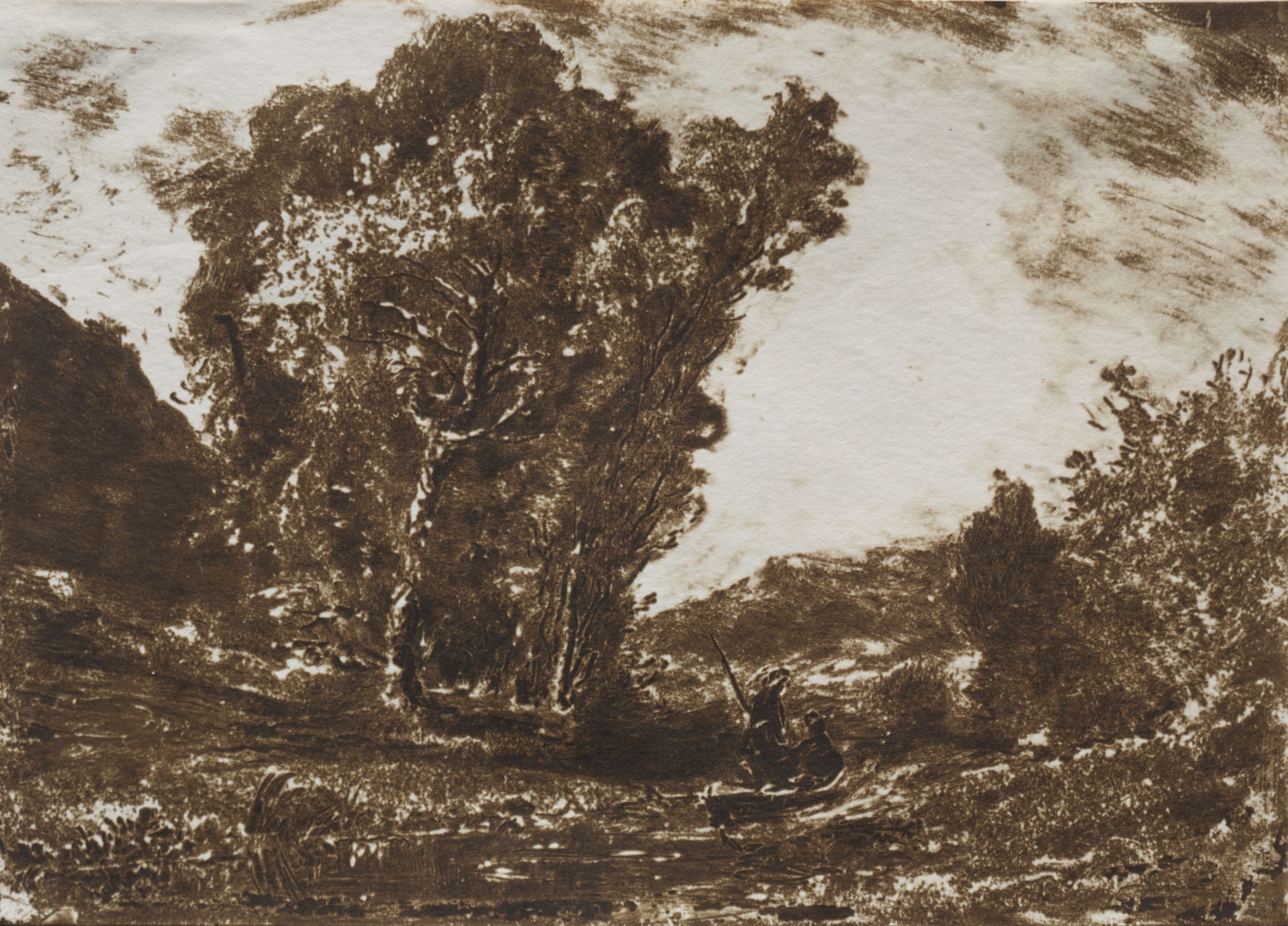 Sepia-toned sketch of a landscape with a large tree, a small figure, and a hilly background.