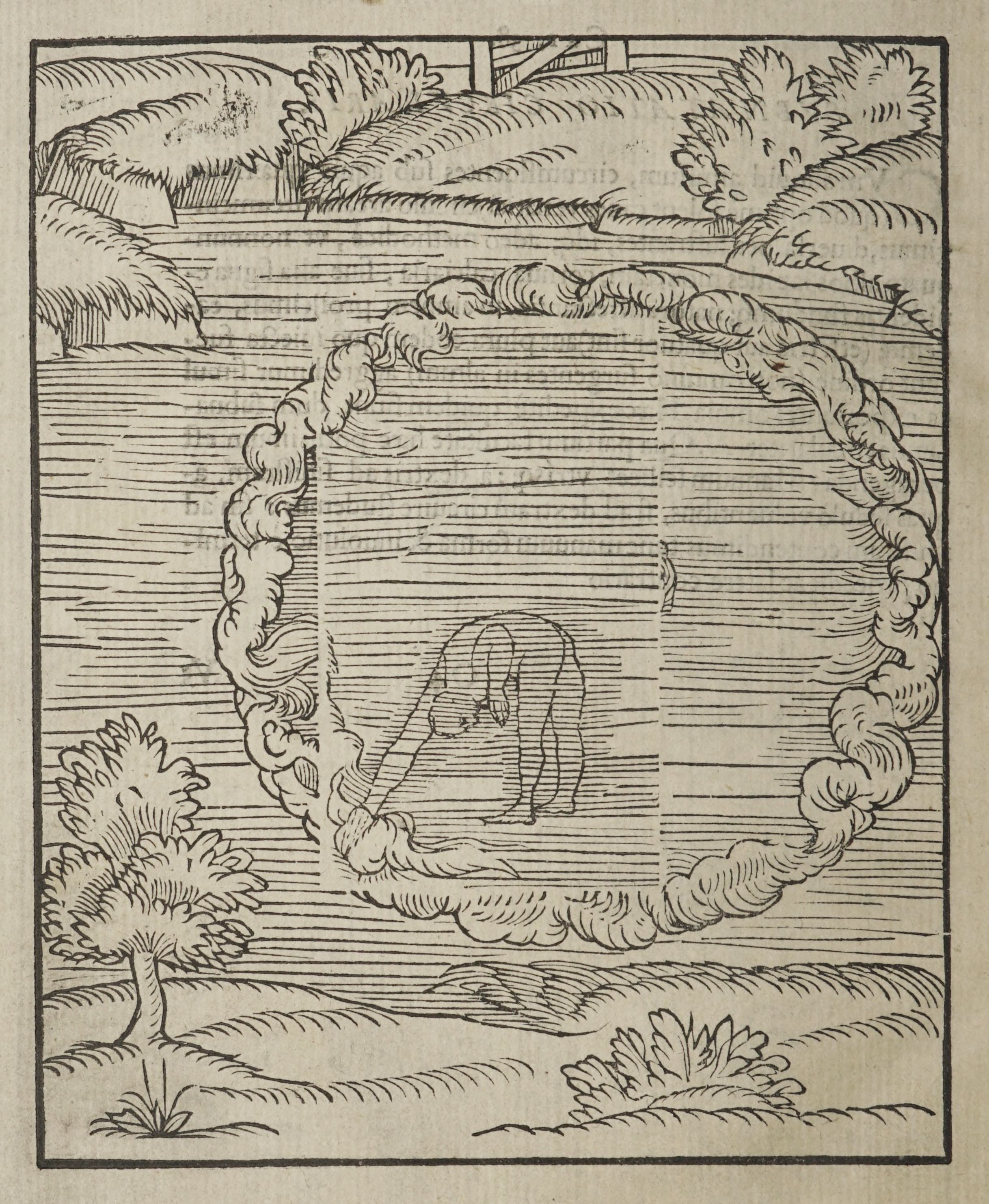 A vintage woodcut illustration featuring a dog surrounded by a circular pattern of swirling shapes, set within a landscape with trees and a distant building.