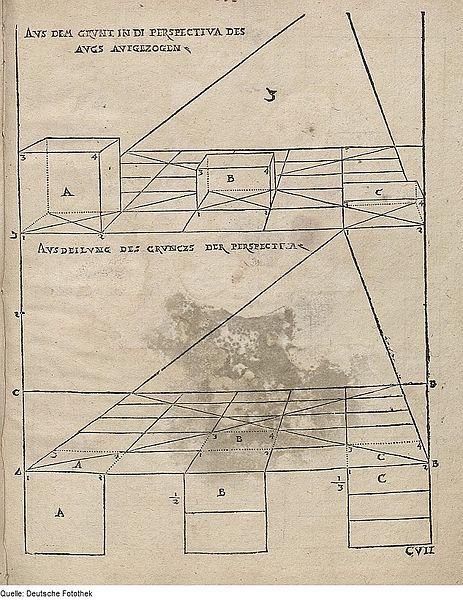 Vintage diagram illustrating principles of perspective drawing with cubes and converging lines.