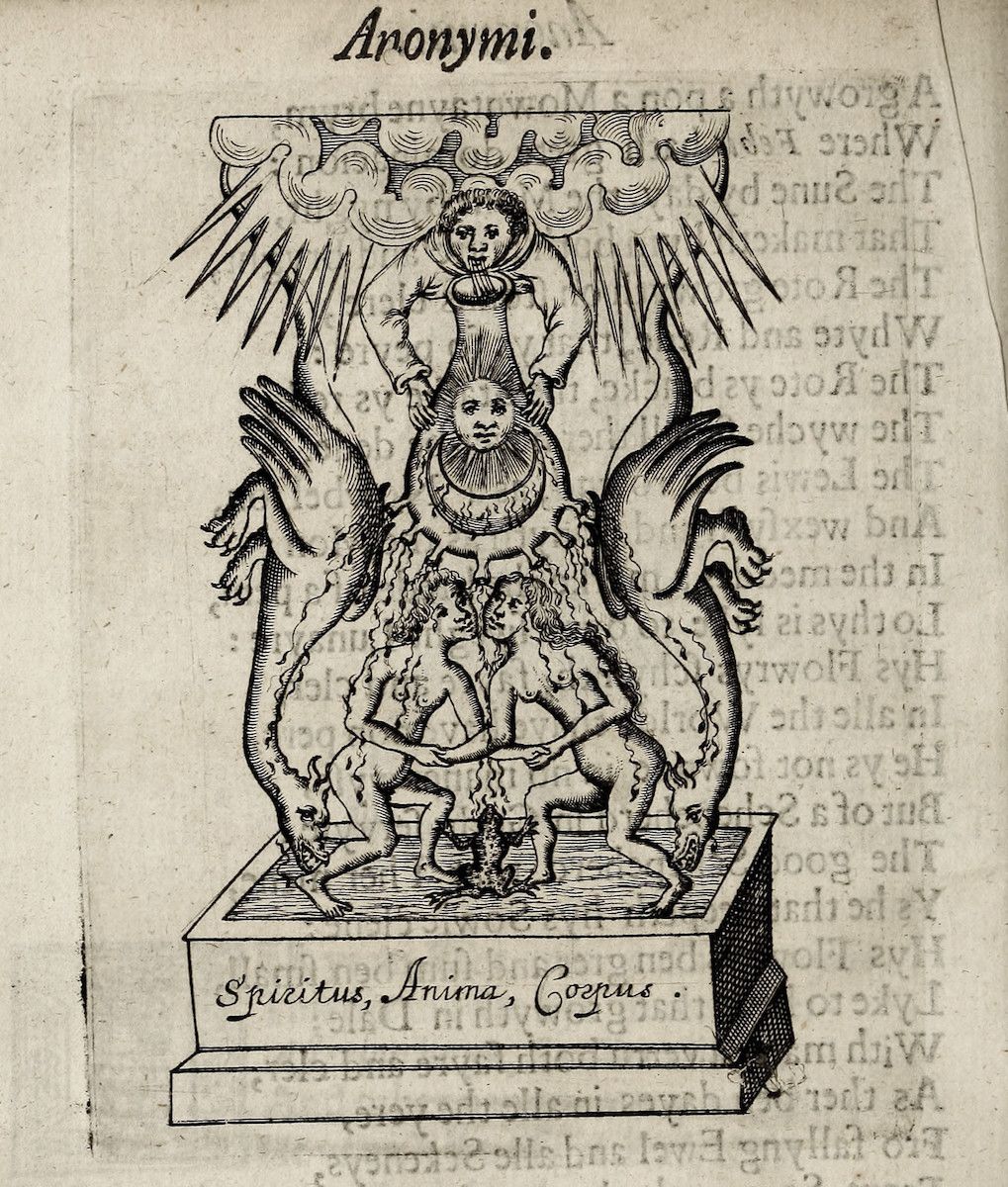 A woodcut illustration of three human figures arranged vertically, each with a distinct appearance and position. At the top is a youthful, bearded man with a halo, surrounded by a large pair of feathered wings. In the middle is a nude female figure with long, flowing hair. At the bottom is a muscular, nude male figure riding a dragon. The three figures are enclosed within a rectangular frame, and below the frame is the Latin text "Spiritus, Anima, Corpus".