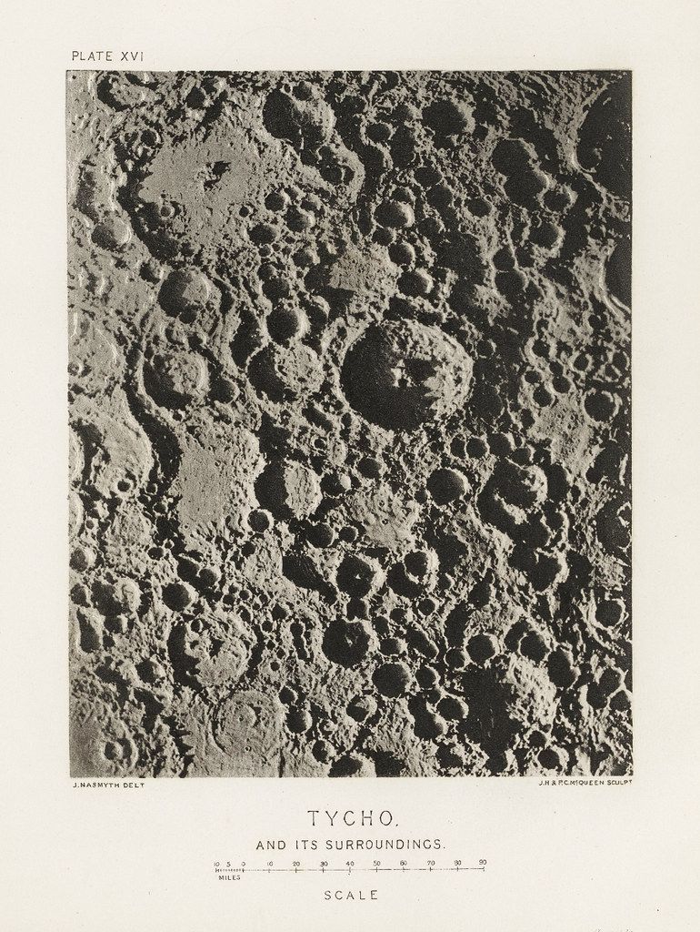 A vintage black and white photograph of the lunar surface, specifically depicting the Tycho crater and its surroundings.