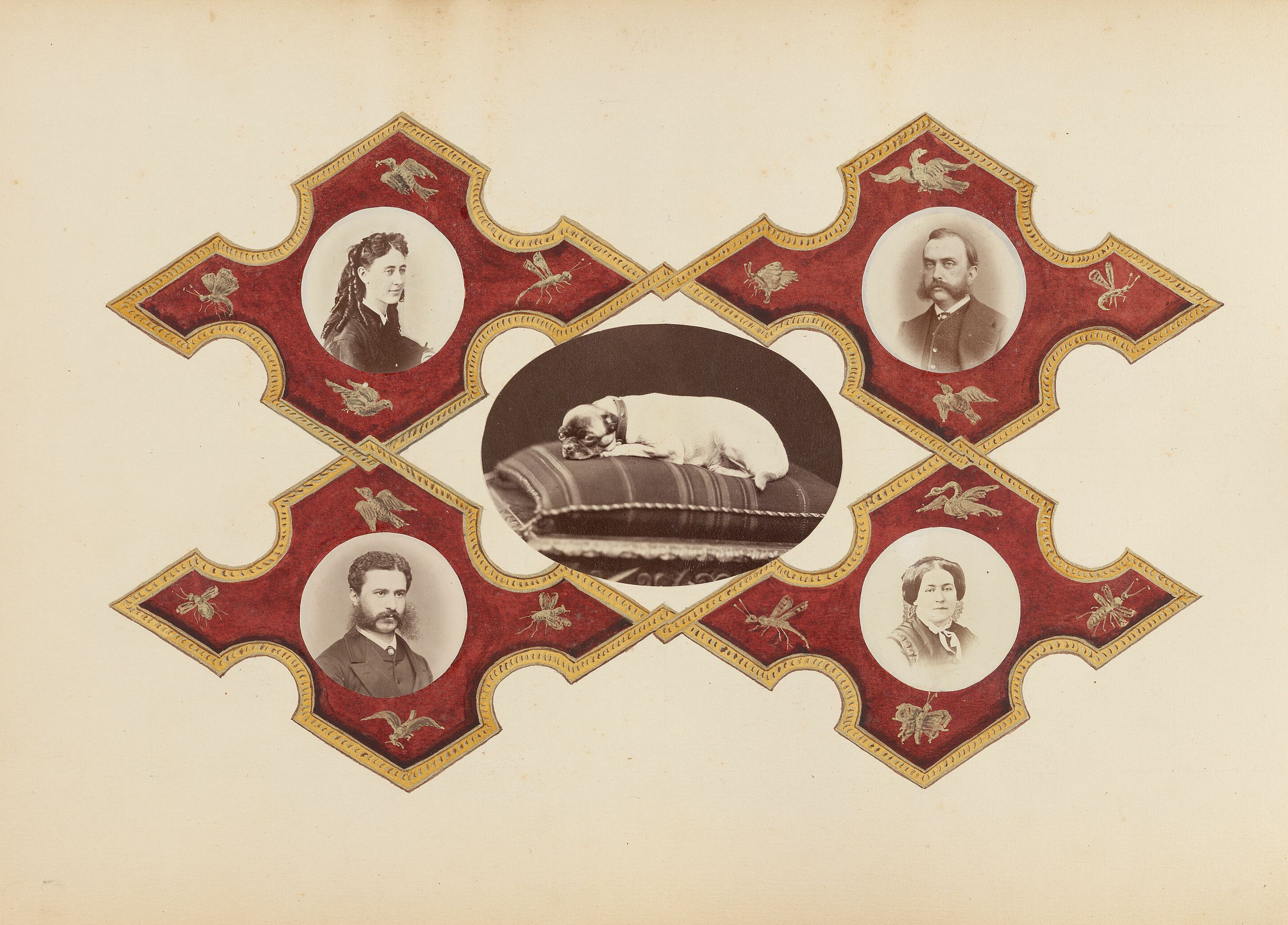 A vintage photograph featuring a central oval portrait of a small, light-colored dog curled up asleep on a striped bed or cushion. Surrounding the central portrait are four smaller oval portraits of people. The entire composition is set within an elaborate, decorative frame.