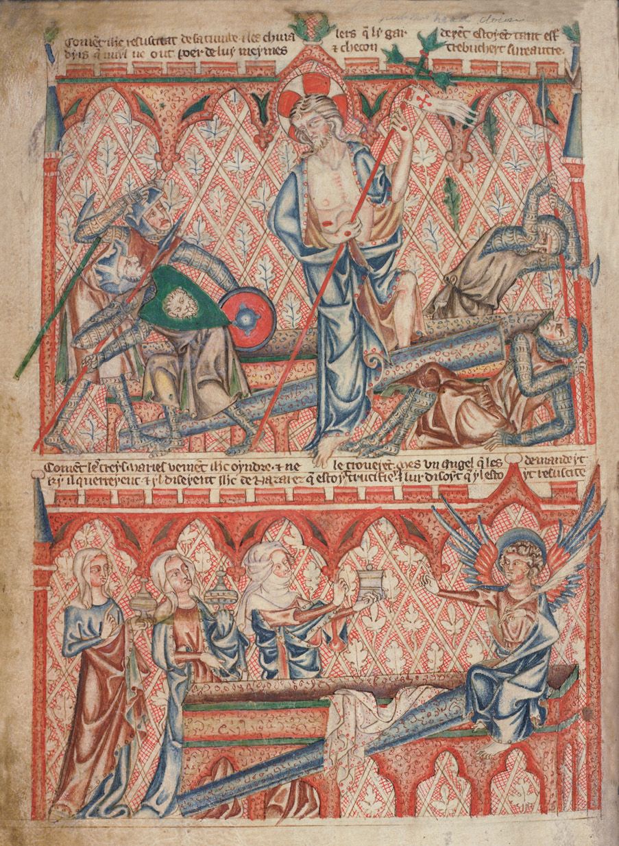 A medieval manuscript illumination depicting a battle scene with knights, archers, and angels.