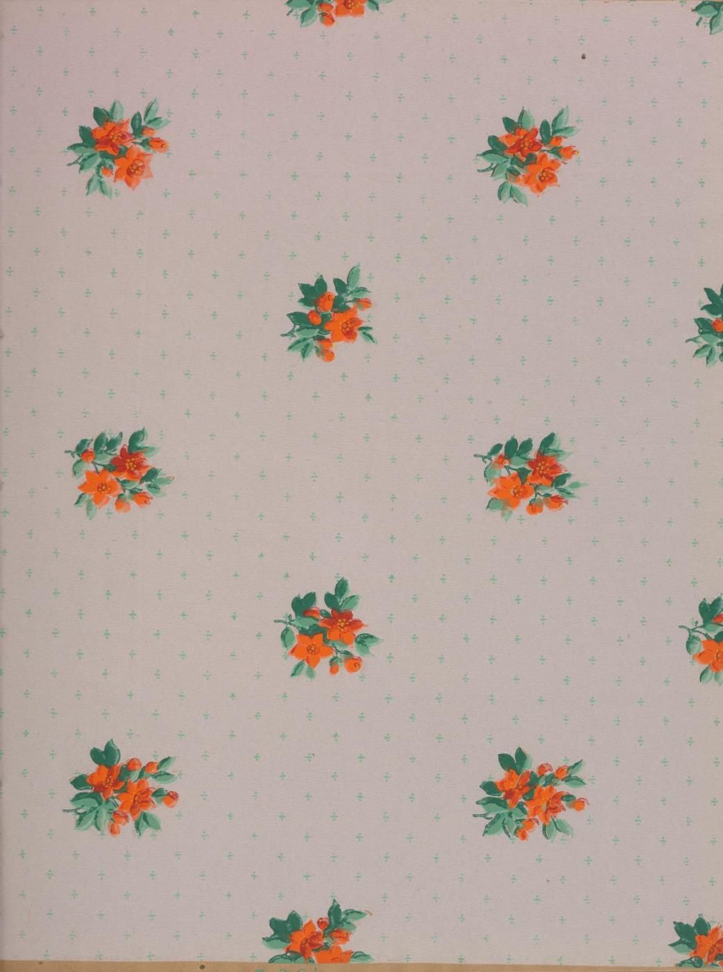 Seamless floral pattern with orange flowers and green leaves on a light beige background.