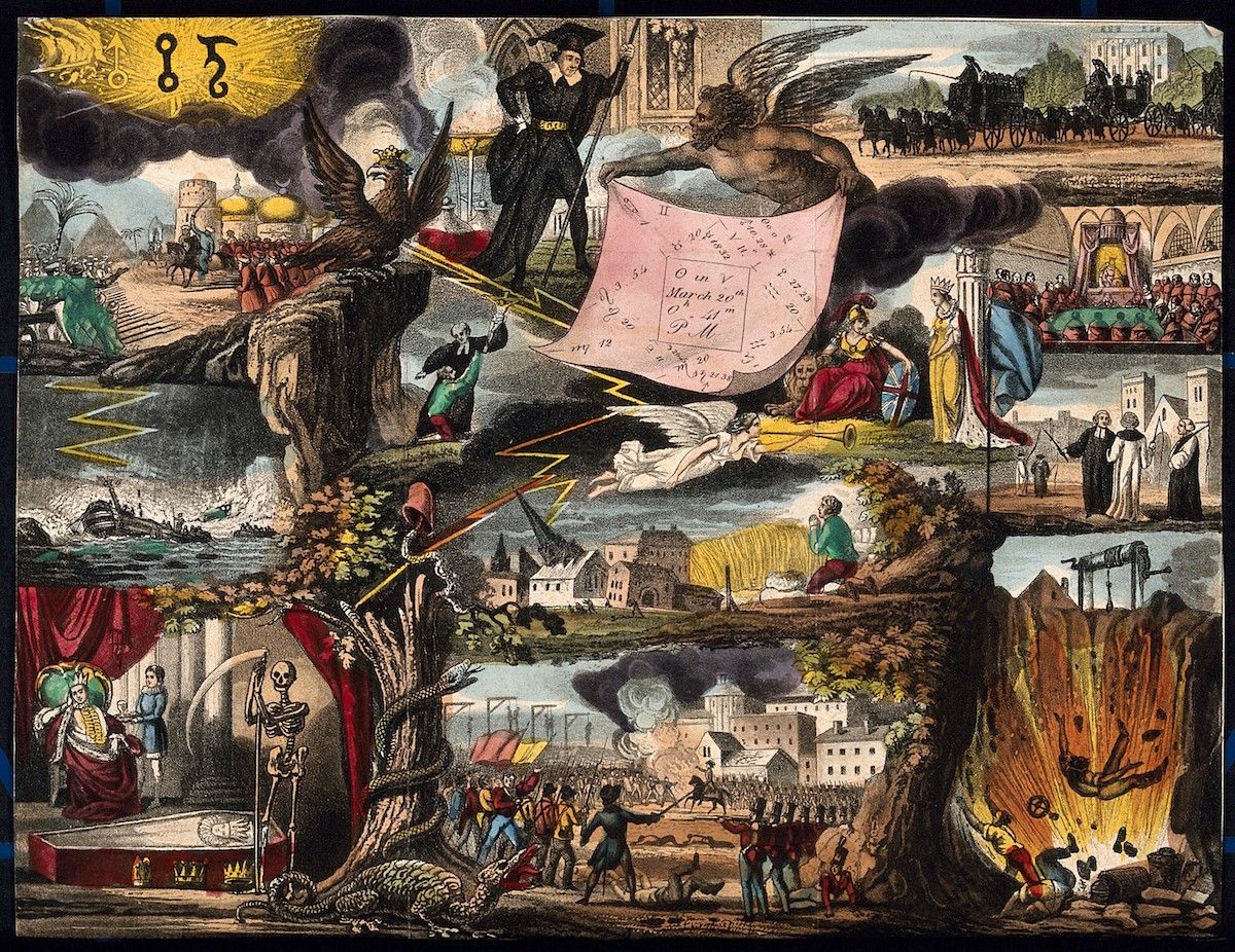 A detailed and chaotic historical print depicting a city under attack by fire, flood, and a monstrous creature, with an angel holding a flag amidst the destruction.