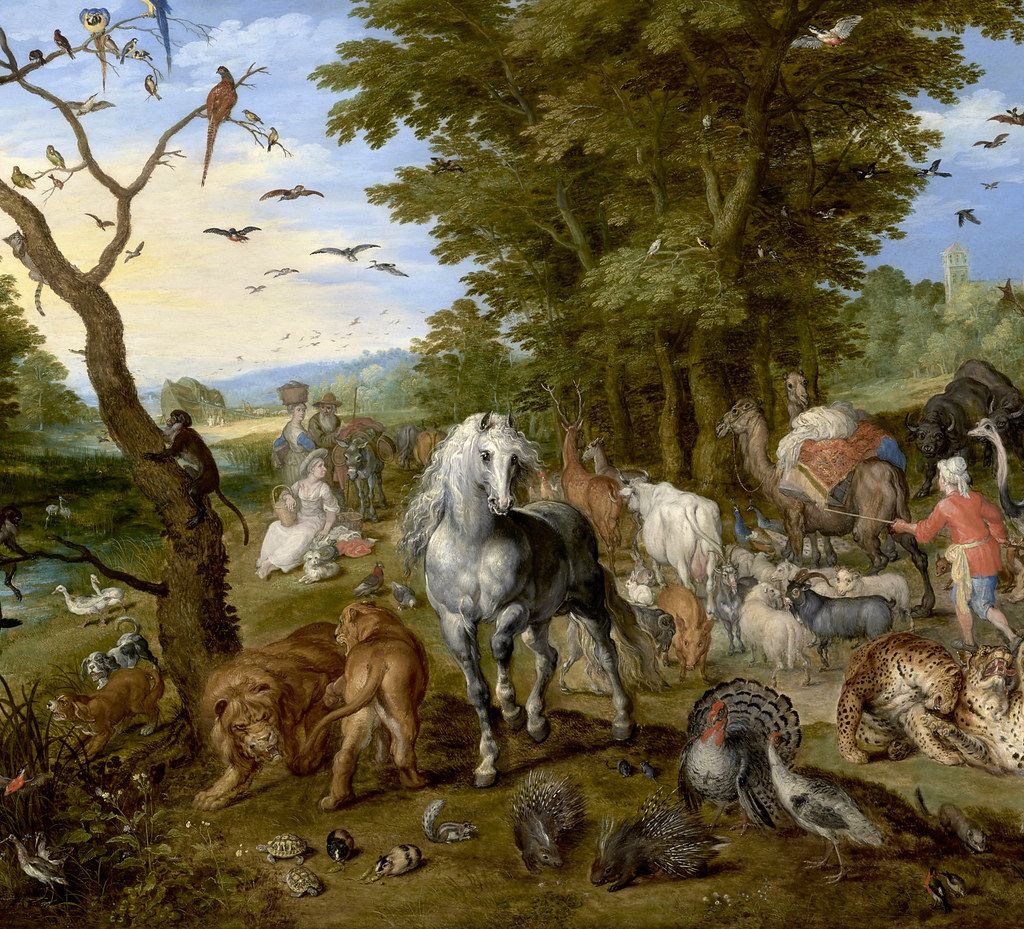 A detailed painting of a crowded landscape with animals and people.