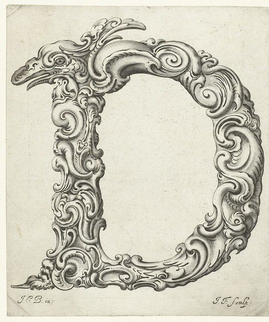 A detailed black and white engraving of the letter 'D' intricately decorated with ornate, swirling patterns.